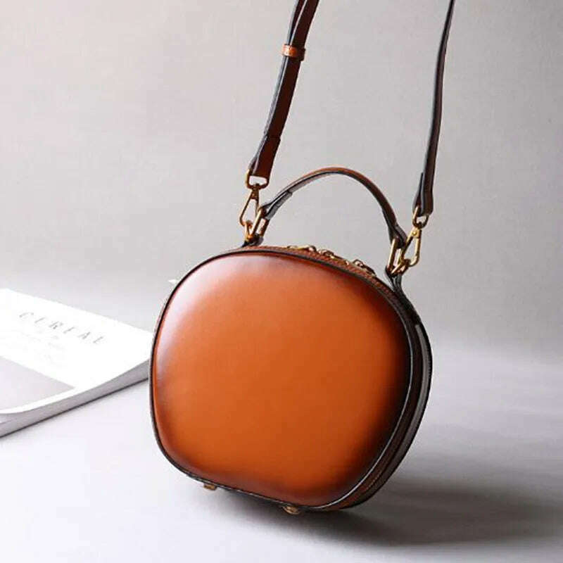 Cowhide bag 2023 new leather female retro apple bag single shoulder crossbody portable fashion small round bags - KIMLUD