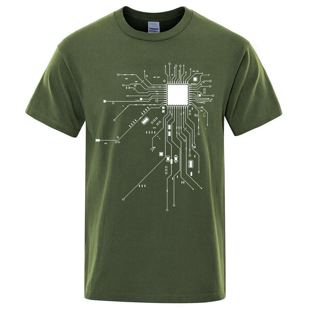 KIMLUD, CPU Processor Circuit Diagram T Shirt Men Summer Cotton T-shirt Men's Funny Tops Fashion Tees Homme Brand Unisex Clothes C99, Dark Green 1 / XXL, KIMLUD APPAREL - Womens Clothes