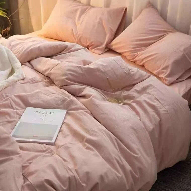 Cream Style Solid Colours Pink Yellow Bedding Set Twin Full Queen King Size Bed Linen Girls Adults Bed Flat Sheet Pillowcase - KIMLUD