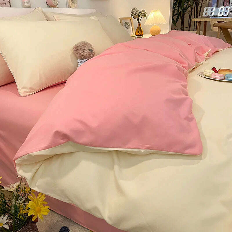 Cream Style Solid Colours Pink Yellow Bedding Set Twin Full Queen King Size Bed Linen Girls Adults Bed Flat Sheet Pillowcase - KIMLUD