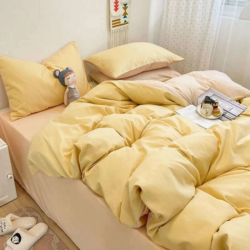 Cream Style Solid Colours Pink Yellow Bedding Set Twin Full Queen King Size Bed Linen Girls Adults Bed Flat Sheet Pillowcase - KIMLUD