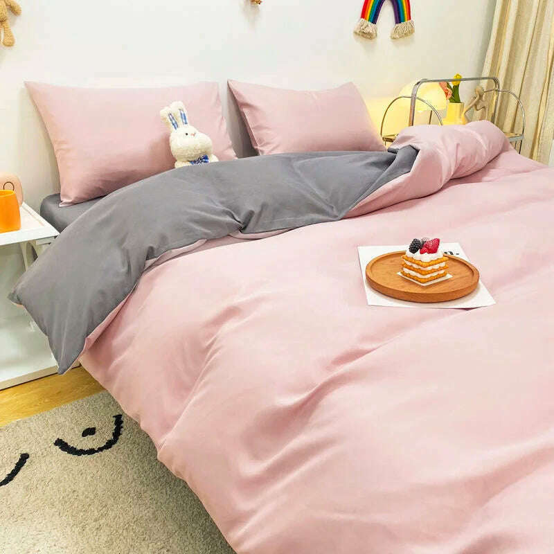 Cream Style Solid Colours Pink Yellow Bedding Set Twin Full Queen King Size Bed Linen Girls Adults Bed Flat Sheet Pillowcase - KIMLUD