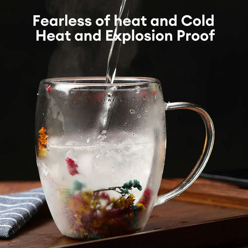 KIMLUD, Creative Double Wall Glass Cup Dried Flower Filler Glass Cups Tea Coffee Cups Gifts High Borosilicate Glass Cups with Handles, KIMLUD Womens Clothes