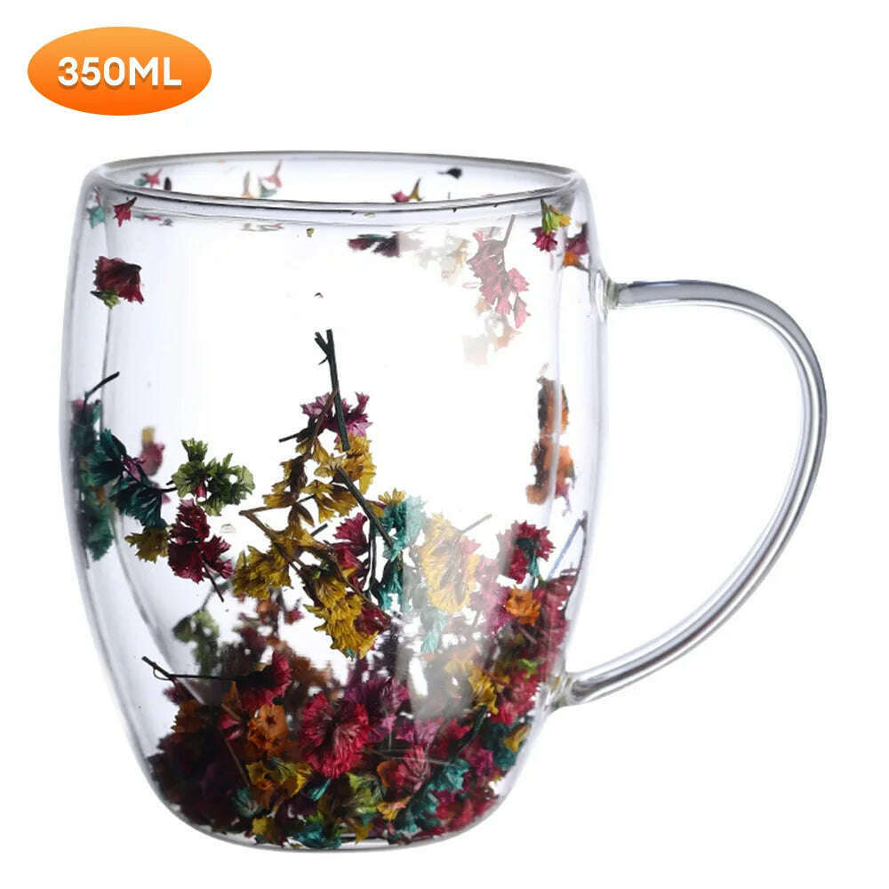 KIMLUD, Creative Double Wall Glass Cup Dried Flower Filler Glass Cups Tea Coffee Cups Gifts High Borosilicate Glass Cups with Handles, A / 350ml, KIMLUD APPAREL - Womens Clothes