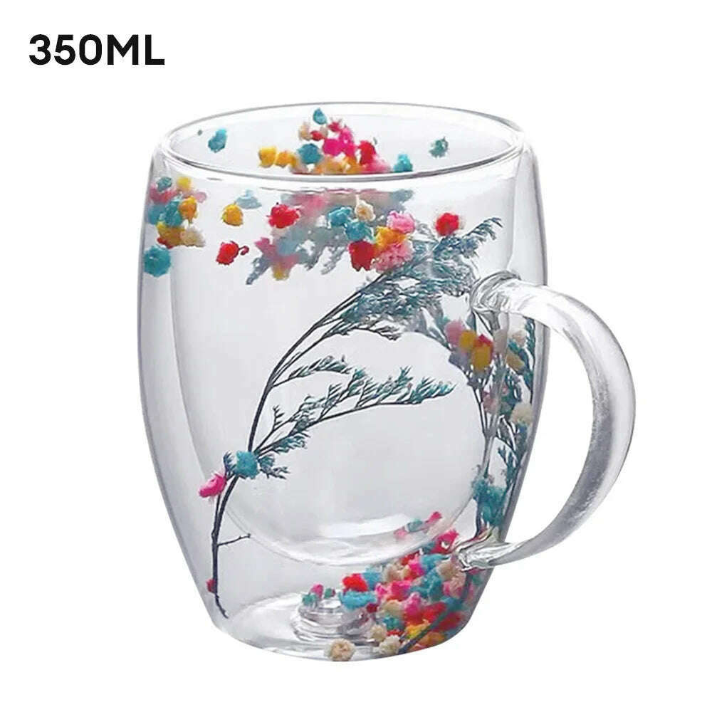 KIMLUD, Creative Double Wall Glass Cup Dried Flower Filler Glass Cups Tea Coffee Cups Gifts High Borosilicate Glass Cups with Handles, B / 350ml, KIMLUD APPAREL - Womens Clothes