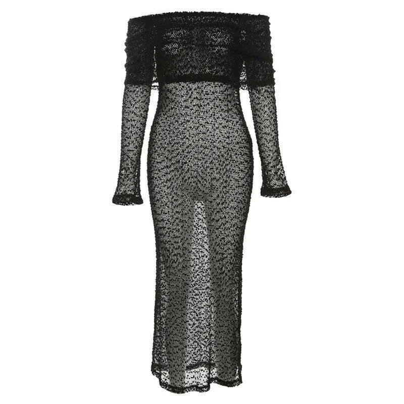 Crocheted Mesh Sheer Dress Women Bodycon Cocktail Long Evening Clothes Ladies Fall Elegant Luxury Long Sexy Party Knit Dresses - KIMLUD