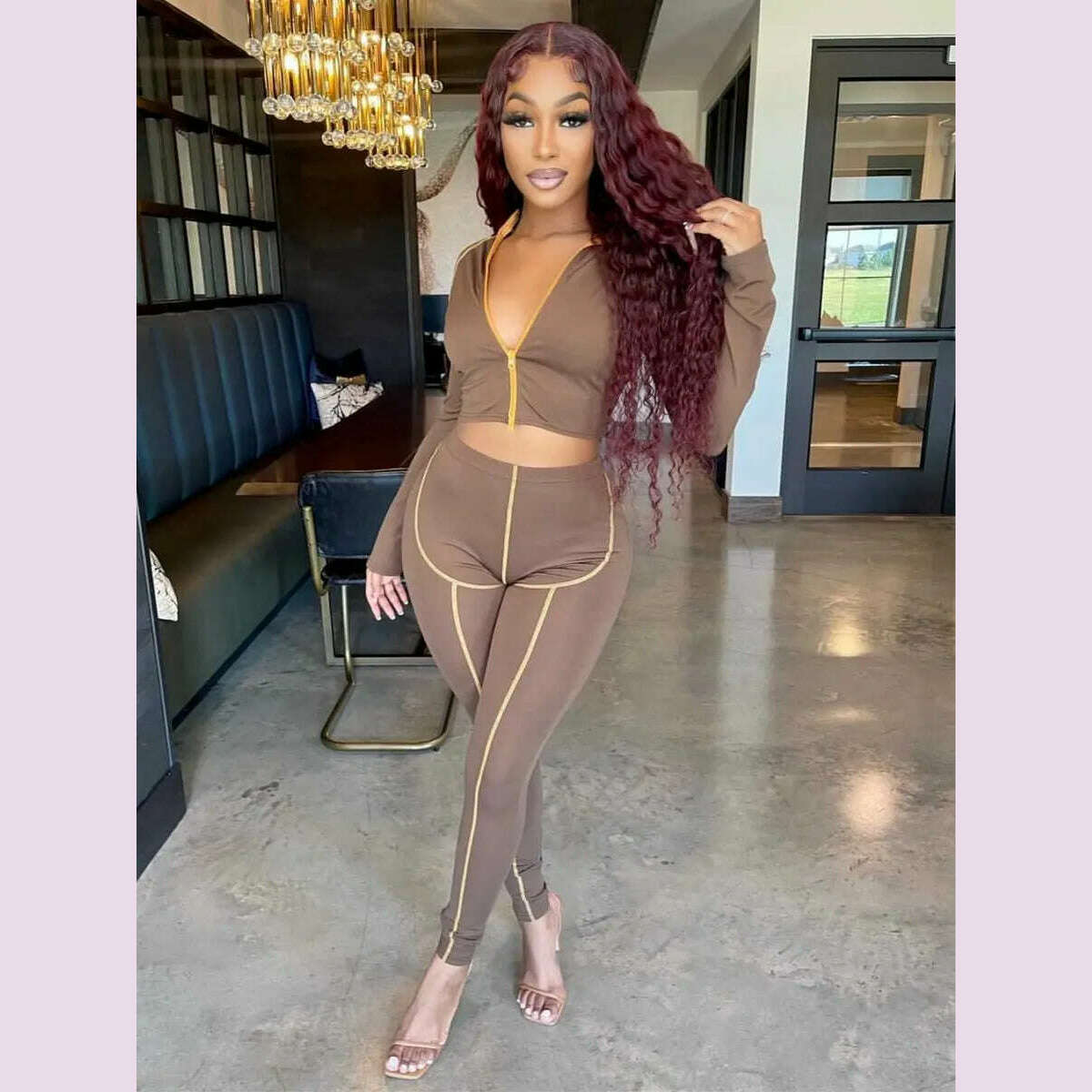 KIMLUD, Crop Top Coat Jacket 2 Piece Pants Sets Women Outfit 2022 Fashion Y2K Streetwear Clothes Matching Set Solid Hoodies Tracksuit, Brown / M, KIMLUD APPAREL - Womens Clothes