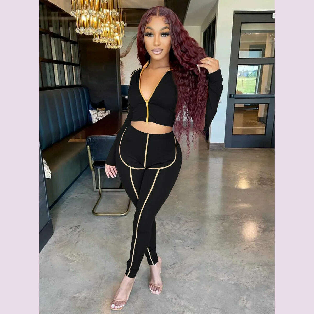 KIMLUD, Crop Top Coat Jacket 2 Piece Pants Sets Women Outfit 2022 Fashion Y2K Streetwear Clothes Matching Set Solid Hoodies Tracksuit, Black / M, KIMLUD APPAREL - Womens Clothes