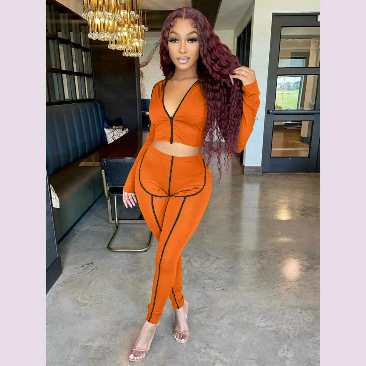 KIMLUD, Crop Top Coat Jacket 2 Piece Pants Sets Women Outfit 2022 Fashion Y2K Streetwear Clothes Matching Set Solid Hoodies Tracksuit, Orange / XXL, KIMLUD APPAREL - Womens Clothes
