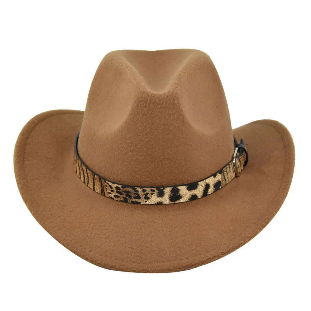 KIMLUD, Cross-Border Fur Felt Sheep Cowboy Leopard Belt Woolen Ethnic A Hood Retro Fedora Hat, BF71311 Deep Khaki / M5658cm, KIMLUD Womens Clothes