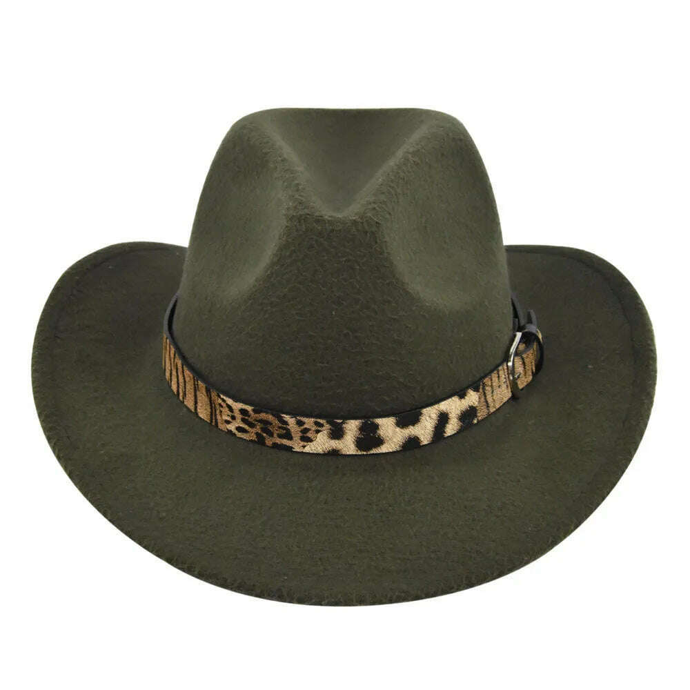 KIMLUD, Cross-Border Fur Felt Sheep Cowboy Leopard Belt Woolen Ethnic A Hood Retro Fedora Hat, BF71310 Army Green / M5658cm, KIMLUD Womens Clothes
