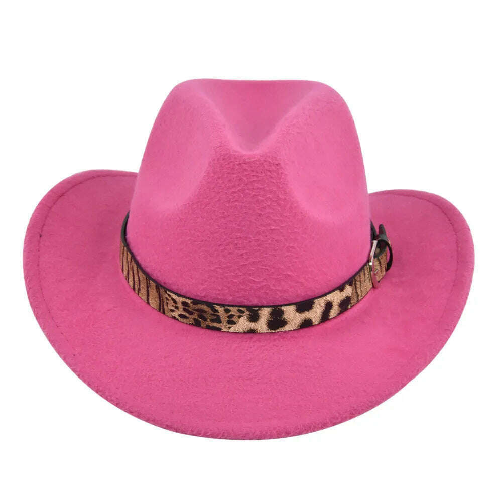 KIMLUD, Cross-Border Fur Felt Sheep Cowboy Leopard Belt Woolen Ethnic A Hood Retro Fedora Hat, BF7139 Rose Red / M5658cm, KIMLUD Womens Clothes