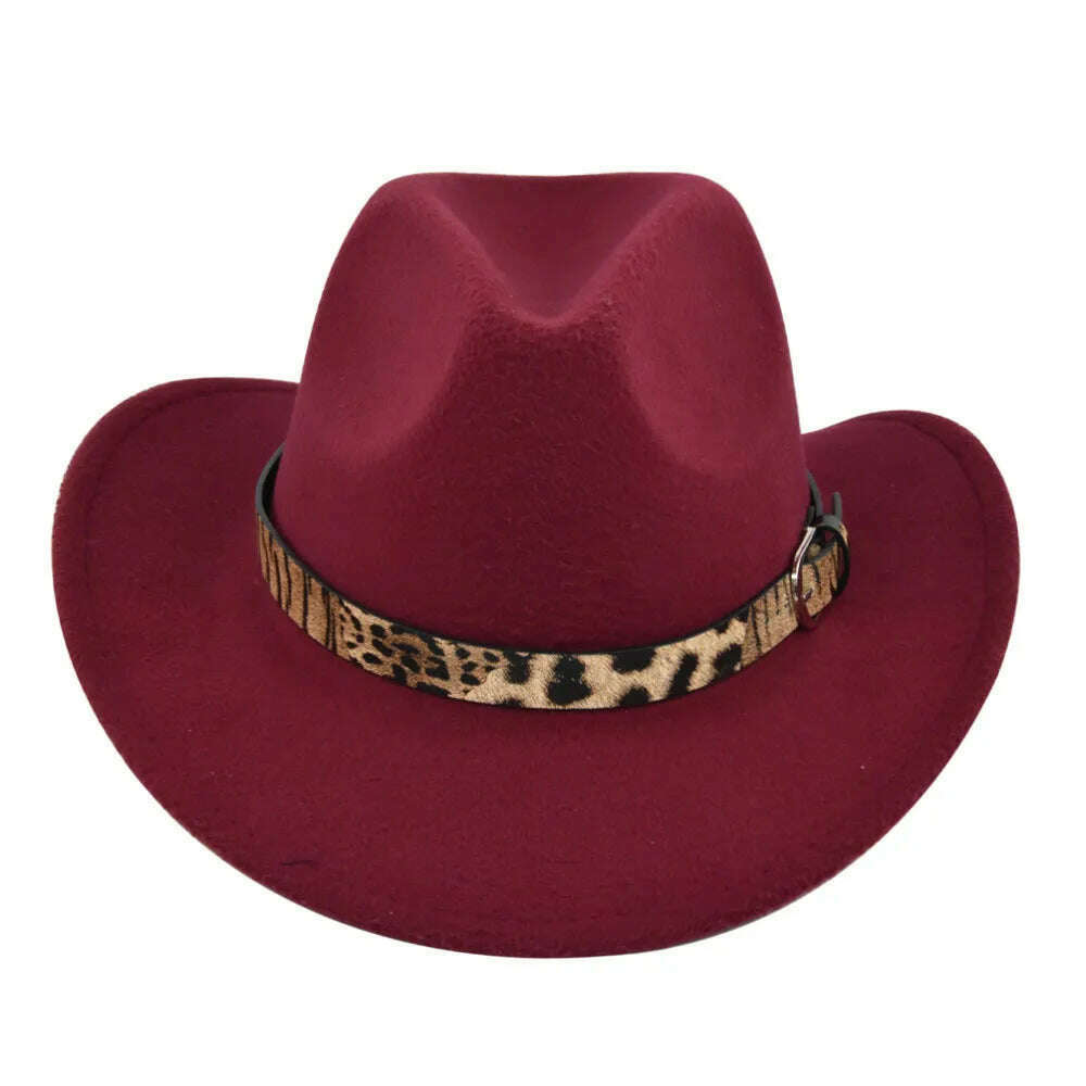 KIMLUD, Cross-Border Fur Felt Sheep Cowboy Leopard Belt Woolen Ethnic A Hood Retro Fedora Hat, BF7132 Wine Red / M5658cm, KIMLUD Womens Clothes