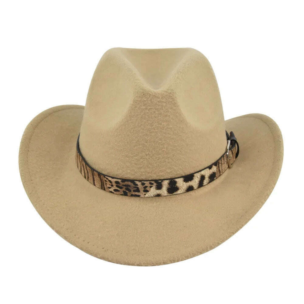 KIMLUD, Cross-Border Fur Felt Sheep Cowboy Leopard Belt Woolen Ethnic A Hood Retro Fedora Hat, BF7138 Khaki / M5658cm, KIMLUD Womens Clothes