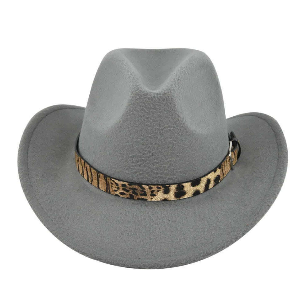 KIMLUD, Cross-Border Fur Felt Sheep Cowboy Leopard Belt Woolen Ethnic A Hood Retro Fedora Hat, BF7136 Gray / M5658cm, KIMLUD Womens Clothes