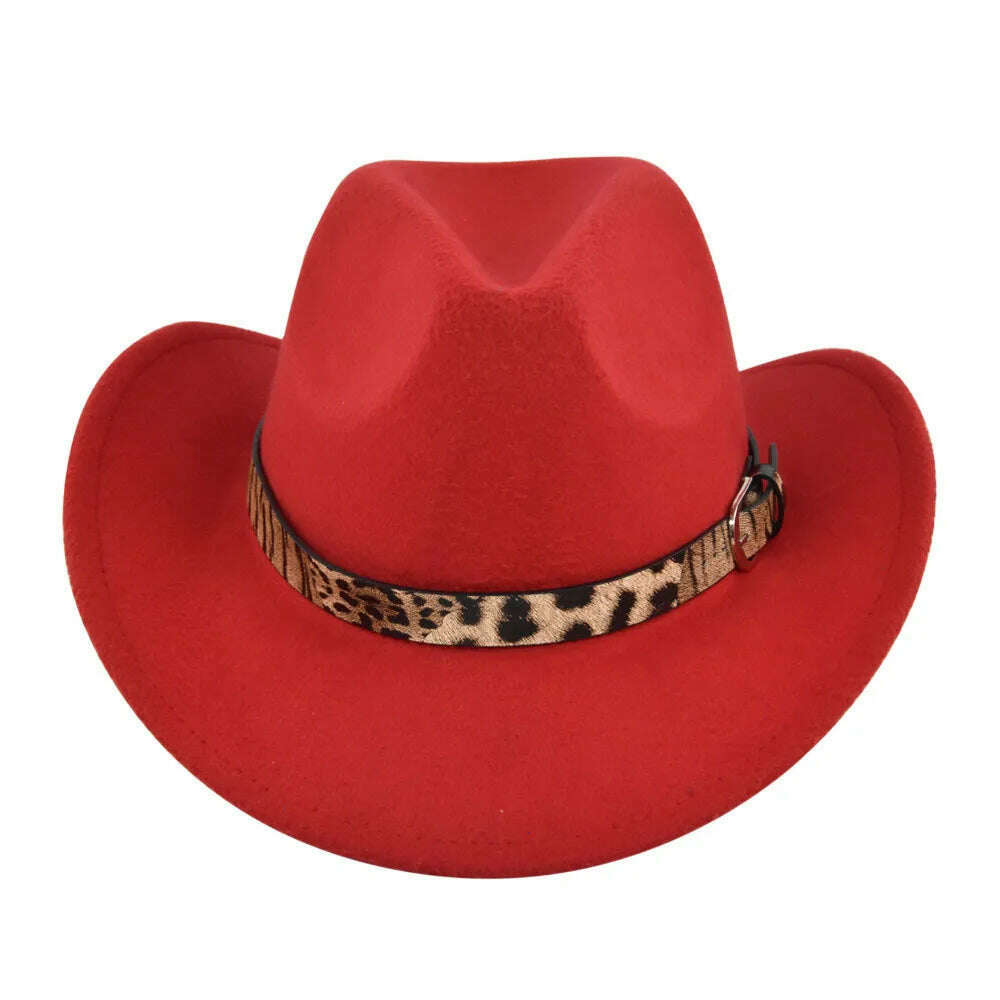 KIMLUD, Cross-Border Fur Felt Sheep Cowboy Leopard Belt Woolen Ethnic A Hood Retro Fedora Hat, BF7135 Red / M5658cm, KIMLUD Womens Clothes