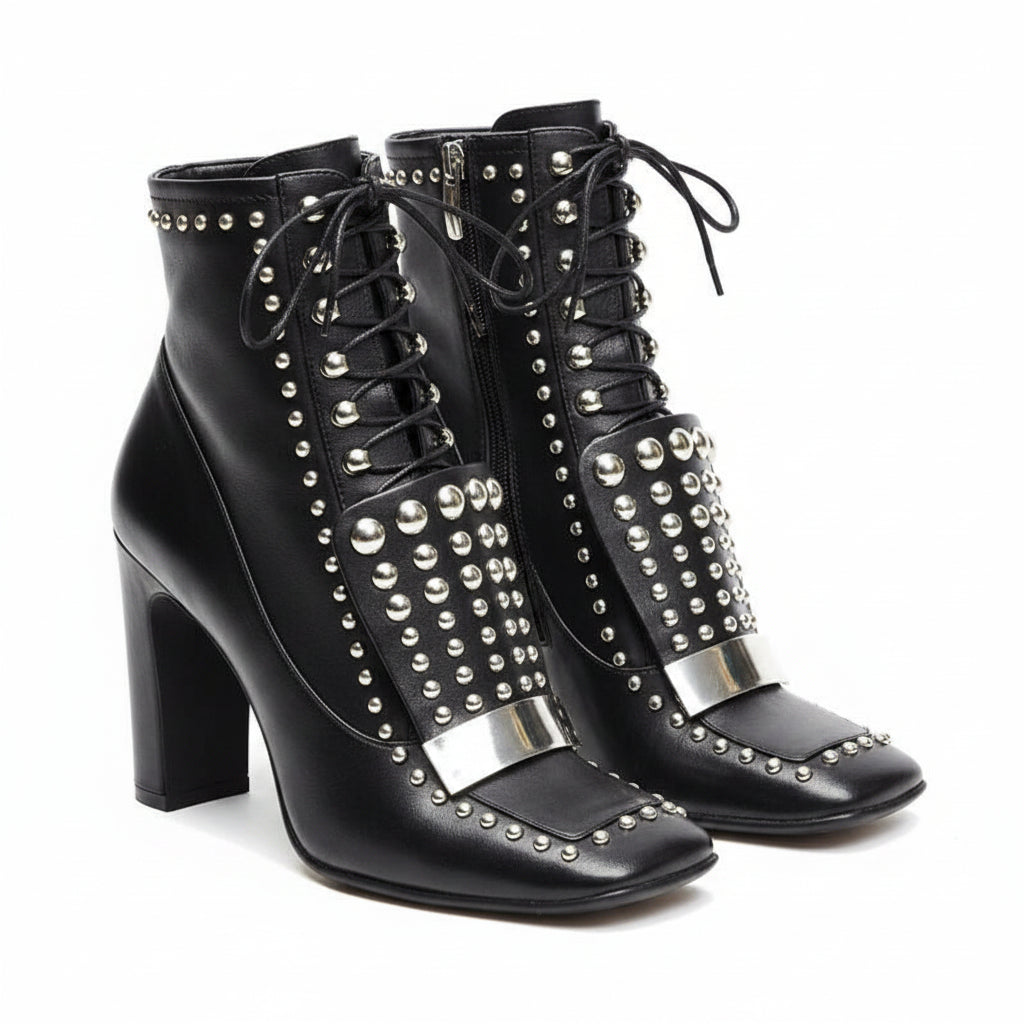 KIMLUD, Cross Tied Square Toe Rivet Decor Boots Matte Leather Over the Knee Women Shoes Square Heel Novel Fashionable Zapatillas Mujer, KIMLUD Womens Clothes