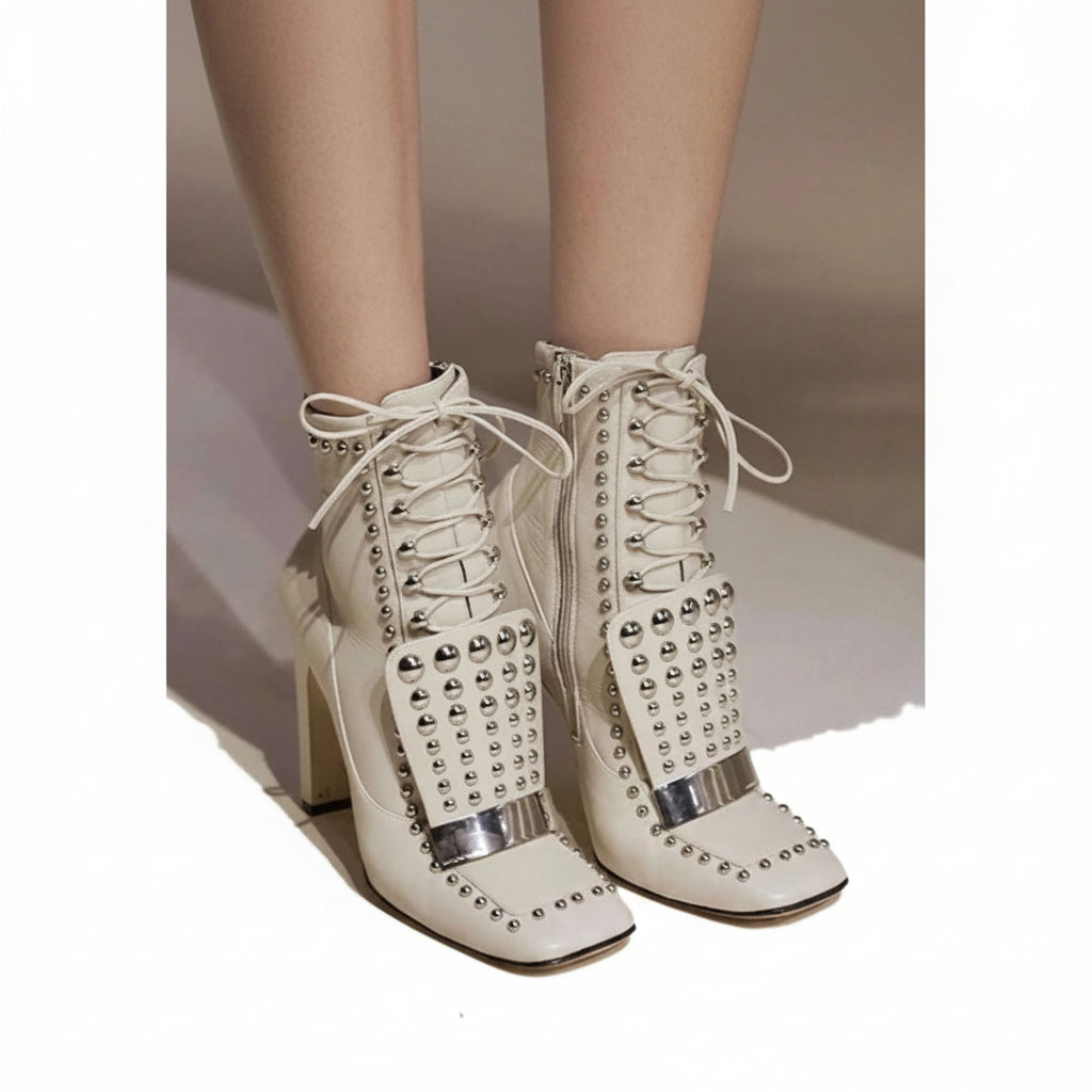 KIMLUD, Cross Tied Square Toe Rivet Decor Boots Matte Leather Over the Knee Women Shoes Square Heel Novel Fashionable Zapatillas Mujer, KIMLUD Womens Clothes