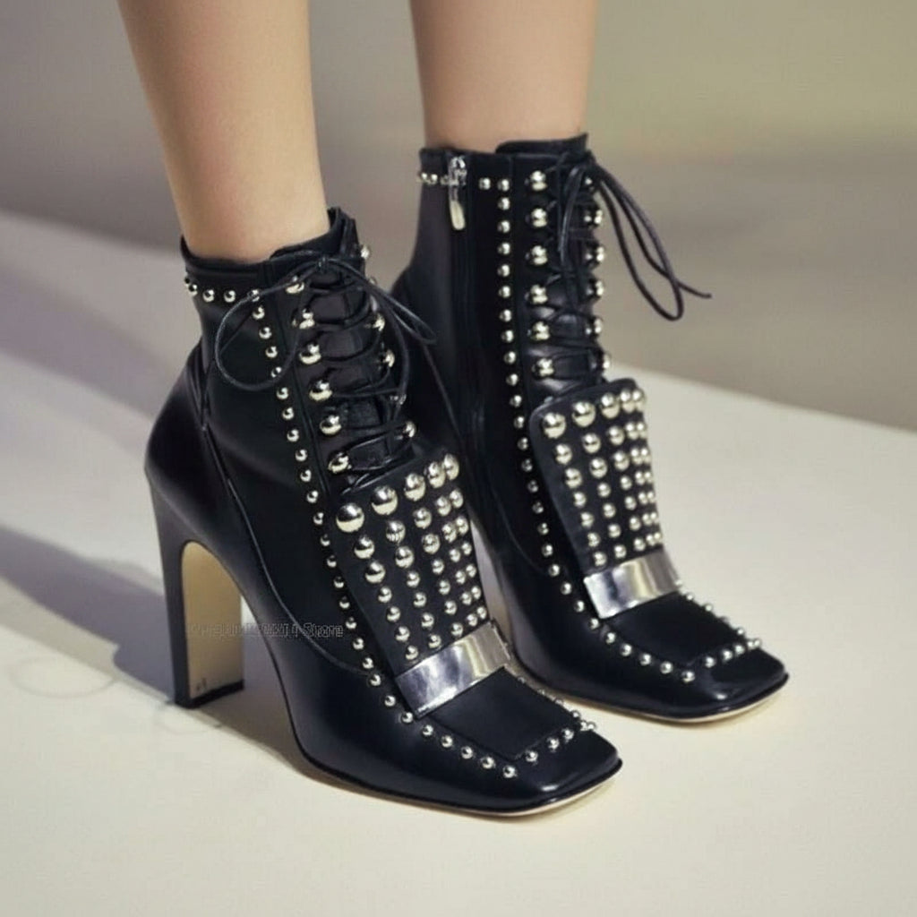 KIMLUD, Cross Tied Square Toe Rivet Decor Boots Matte Leather Over the Knee Women Shoes Square Heel Novel Fashionable Zapatillas Mujer, KIMLUD Womens Clothes