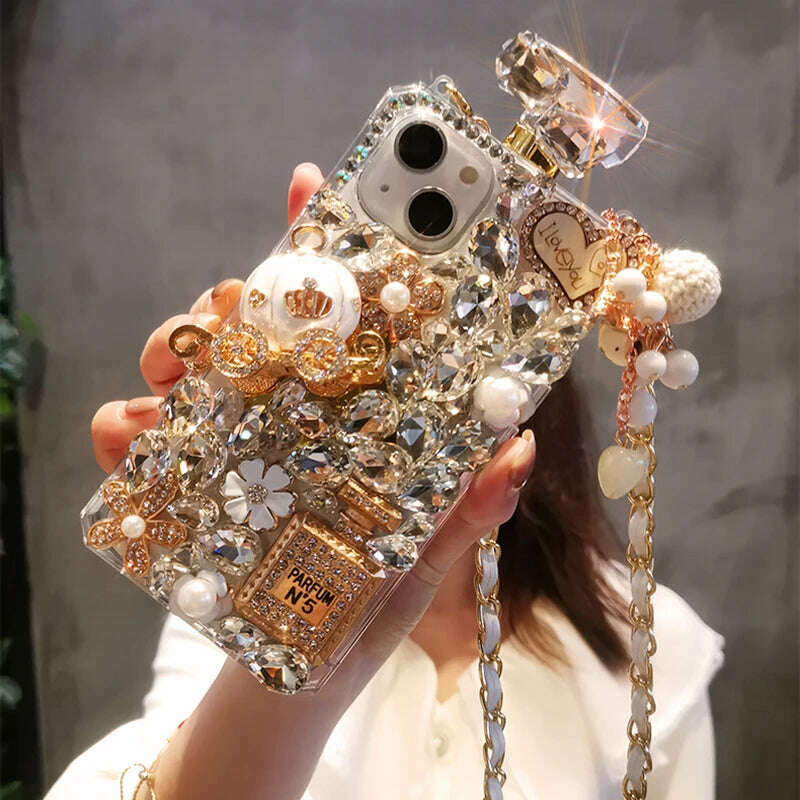 KIMLUD, Crossbody Rhinestone Perfume Bottle Shape Phone Cover For iPhone 15 14 Pro Max 13 12 11 XR XS 8 Plus Crystal Pumpkin Coach Case, KIMLUD Womens Clothes