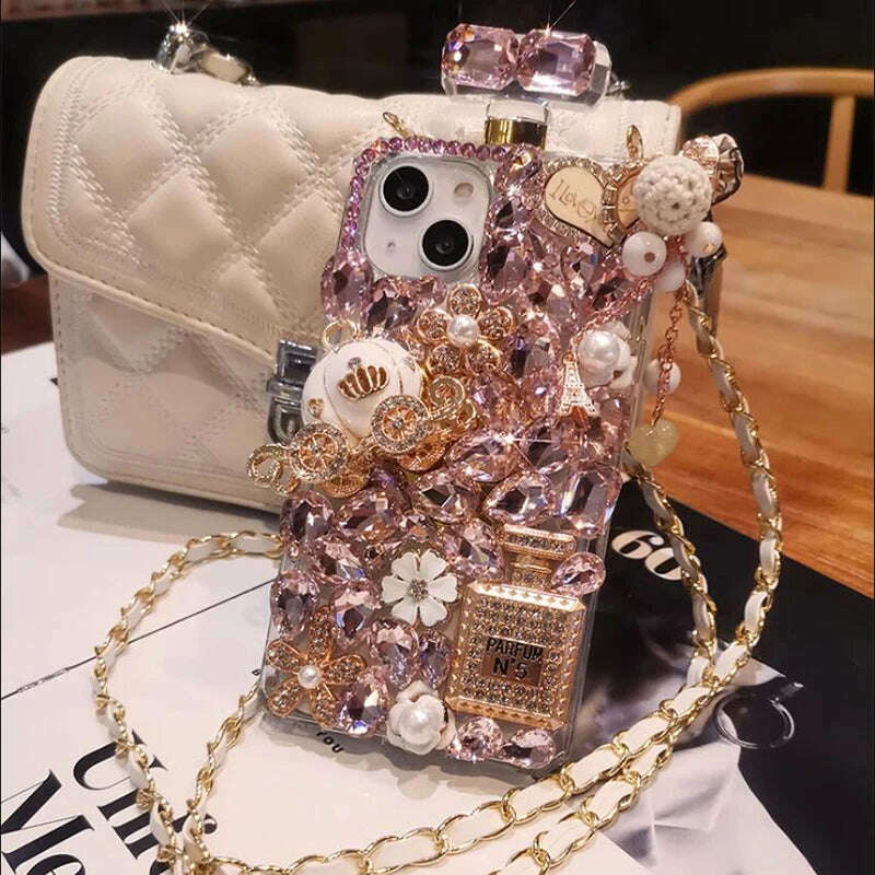 KIMLUD, Crossbody Rhinestone Perfume Bottle Shape Phone Cover For iPhone 15 14 Pro Max 13 12 11 XR XS 8 Plus Crystal Pumpkin Coach Case, KIMLUD Womens Clothes