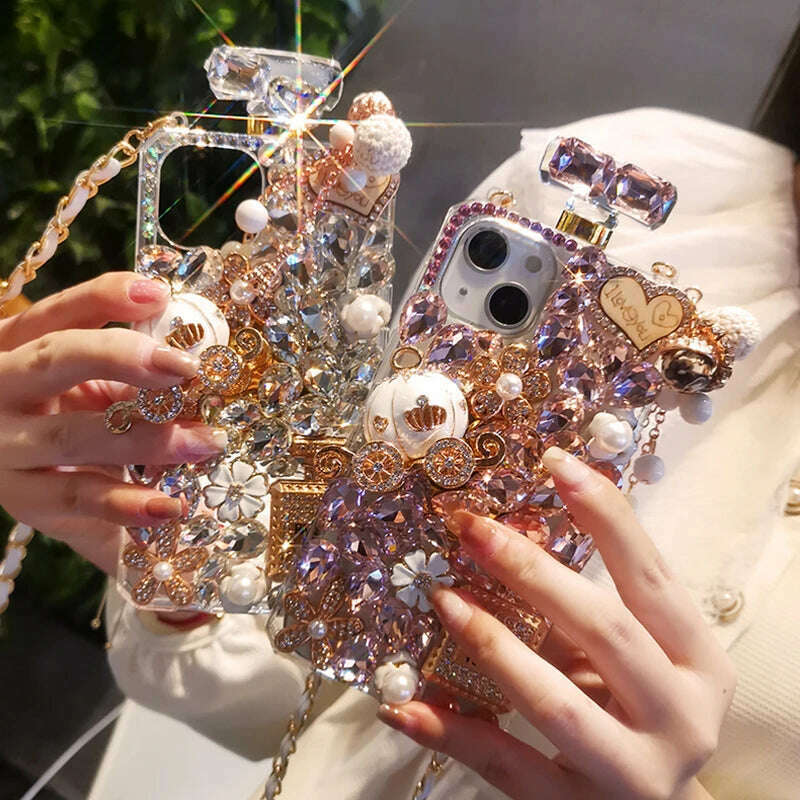 KIMLUD, Crossbody Rhinestone Perfume Bottle Shape Phone Cover For iPhone 15 14 Pro Max 13 12 11 XR XS 8 Plus Crystal Pumpkin Coach Case, KIMLUD Womens Clothes