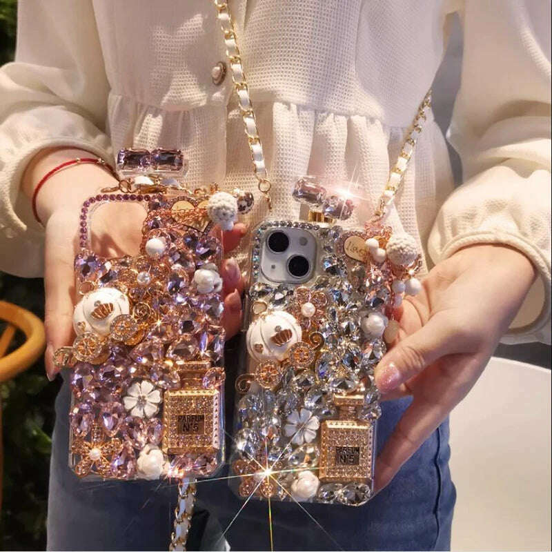 KIMLUD, Crossbody Rhinestone Perfume Bottle Shape Phone Cover For iPhone 15 14 Pro Max 13 12 11 XR XS 8 Plus Crystal Pumpkin Coach Case, KIMLUD Womens Clothes