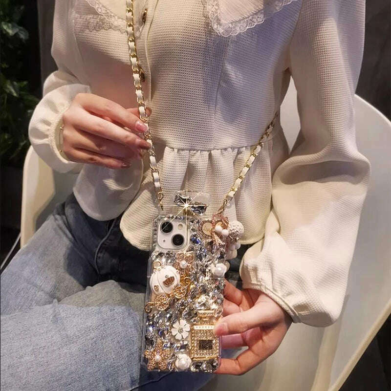 KIMLUD, Crossbody Rhinestone Perfume Bottle Shape Phone Cover For iPhone 15 14 Pro Max 13 12 11 XR XS 8 Plus Crystal Pumpkin Coach Case, KIMLUD Womens Clothes