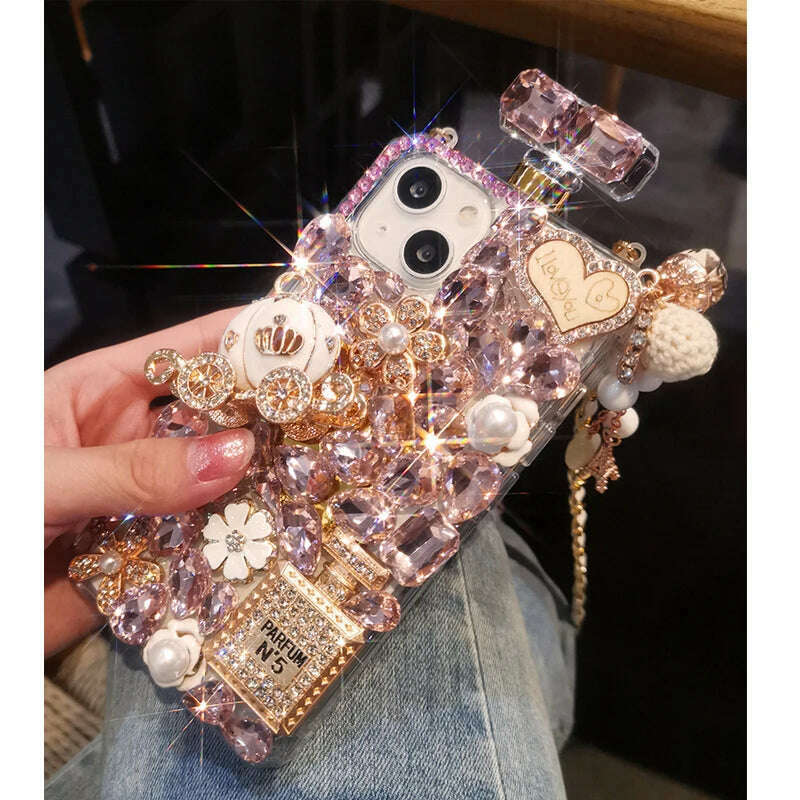 KIMLUD, Crossbody Rhinestone Perfume Bottle Shape Phone Cover For iPhone 15 14 Pro Max 13 12 11 XR XS 8 Plus Crystal Pumpkin Coach Case, Pink / For iPhone 12, KIMLUD APPAREL - Womens Clothes