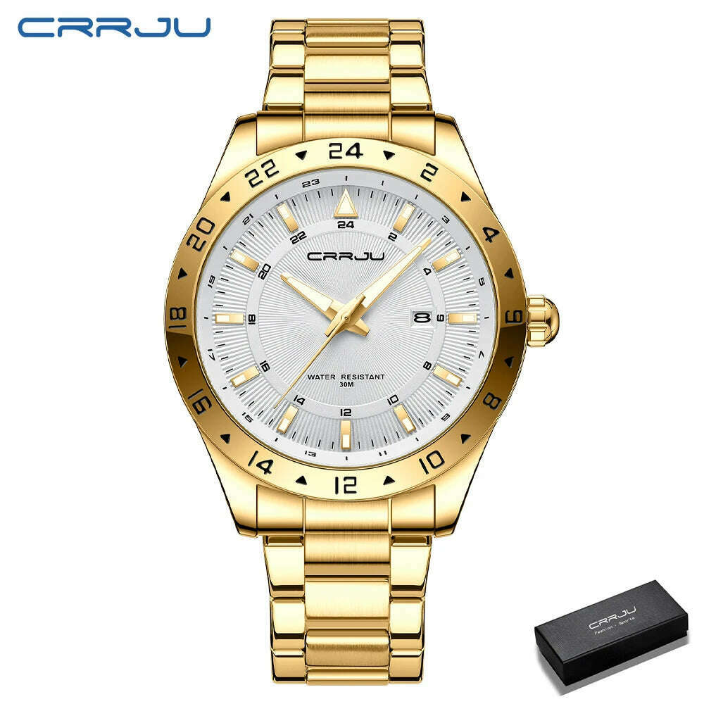 KIMLUD, CRRJU Fashion Watch Men Stainless Steel Top Brand Luxury Waterproof Luminous Wristwatch Mens Watches Sports Quartz Date, Gold box, KIMLUD Womens Clothes