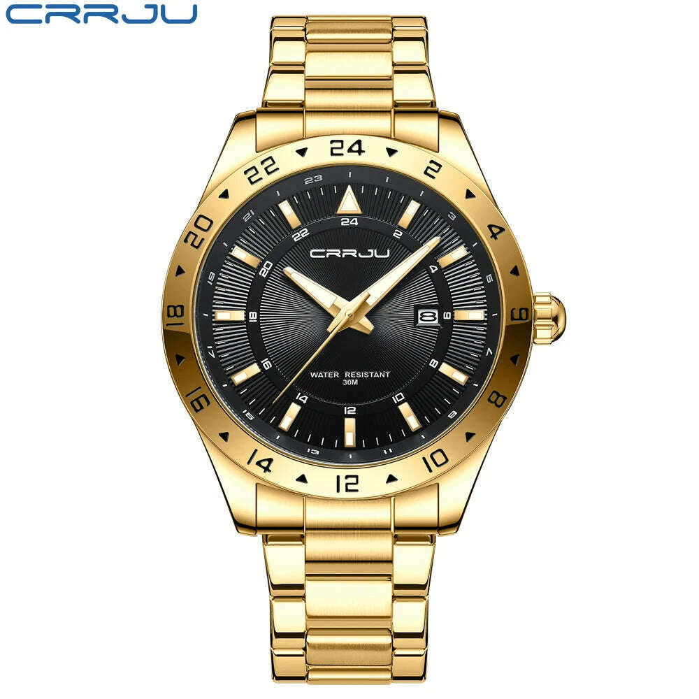 KIMLUD, CRRJU Fashion Watch Men Stainless Steel Top Brand Luxury Waterproof Luminous Wristwatch Mens Watches Sports Quartz Date, Gold black, KIMLUD Womens Clothes