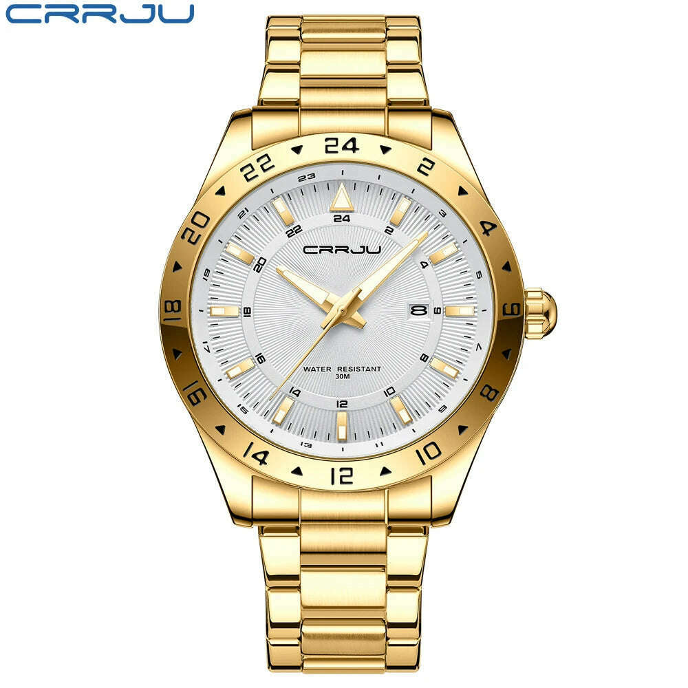 KIMLUD, CRRJU Fashion Watch Men Stainless Steel Top Brand Luxury Waterproof Luminous Wristwatch Mens Watches Sports Quartz Date, Gold, KIMLUD Womens Clothes