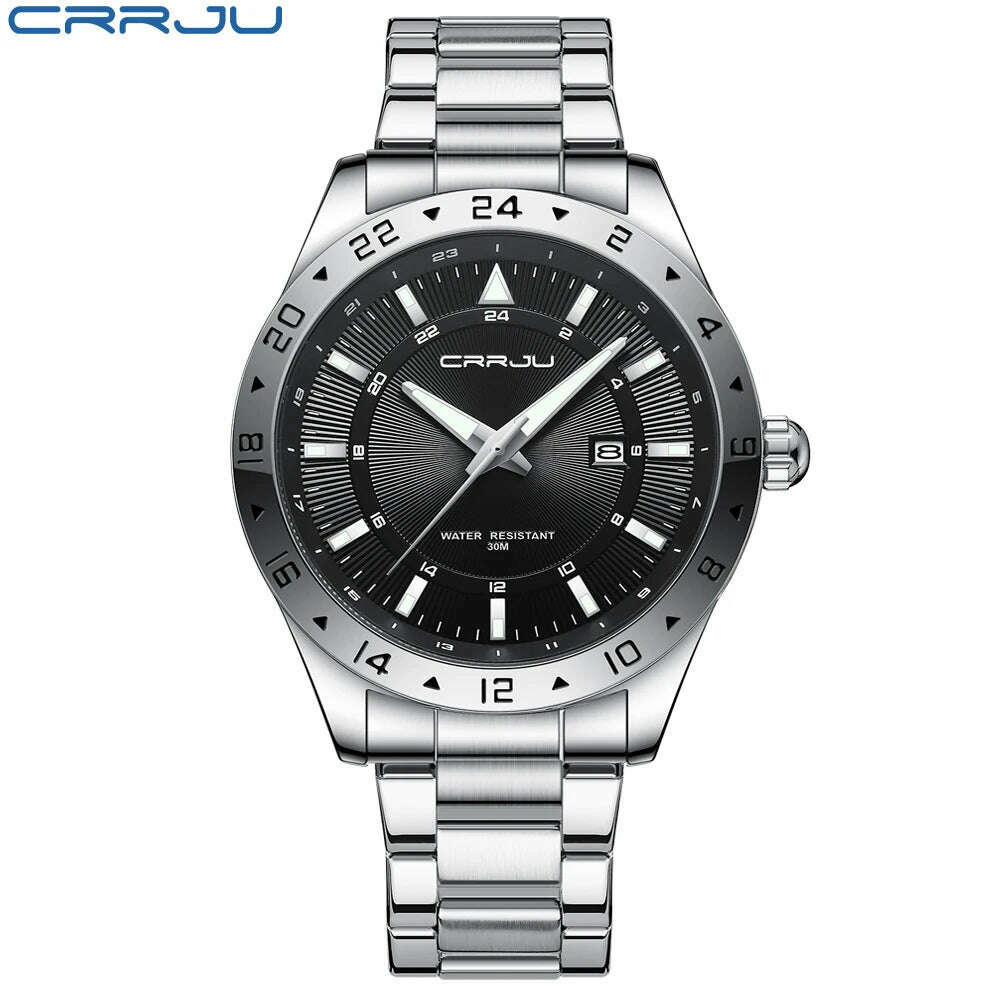 KIMLUD, CRRJU Fashion Watch Men Stainless Steel Top Brand Luxury Waterproof Luminous Wristwatch Mens Watches Sports Quartz Date, Silver, KIMLUD APPAREL - Womens Clothes