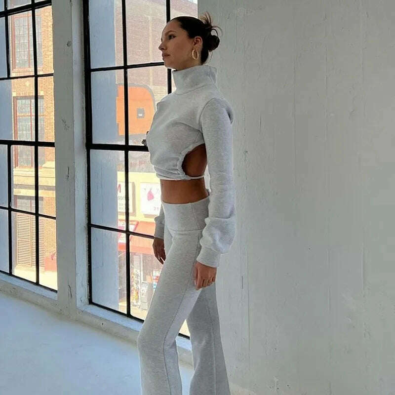 KIMLUD, Cryptographic Fall Winter Two Piece Sets Long Sleeve Crop Top and Pants Backless Women's Sets Tie Up Casual Outfits Tracksuits, KIMLUD Womens Clothes