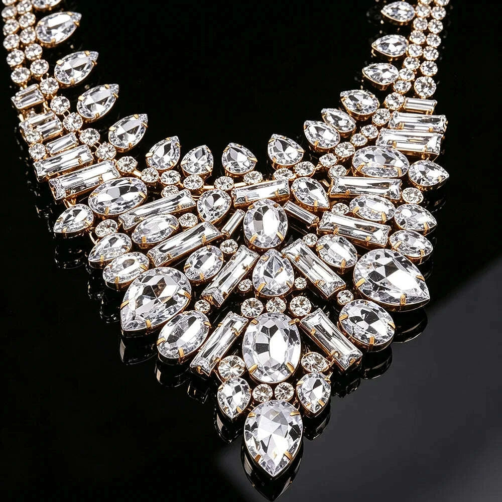 Crystal Bib Necklace Clear Rhinestone Teardrop Cluster Statement Collar Adjustable Jewelry for Women Bridal Wedding Prom Party