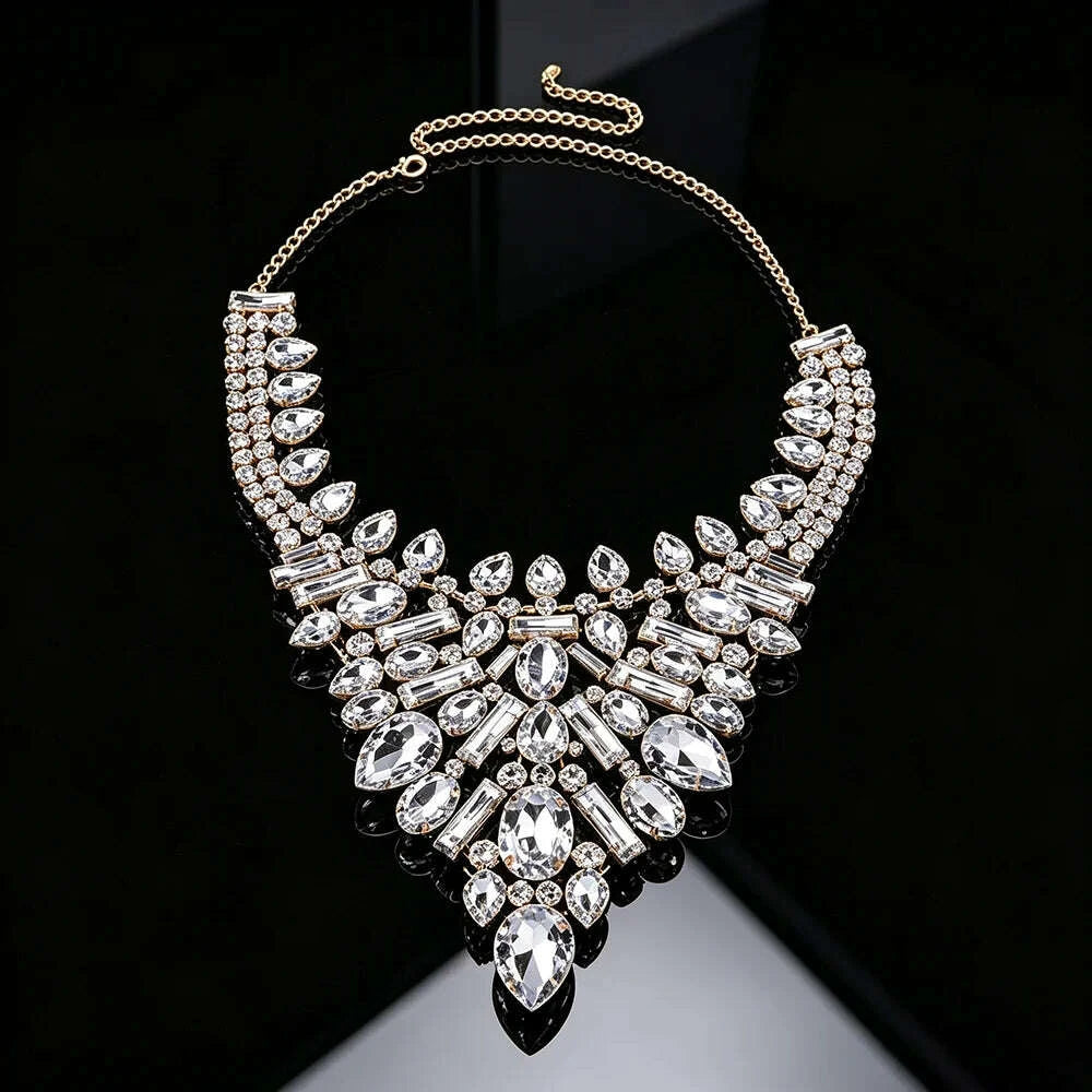 Crystal Bib Necklace Clear Rhinestone Teardrop Cluster Statement Collar Adjustable Jewelry for Women Bridal Wedding Prom Party