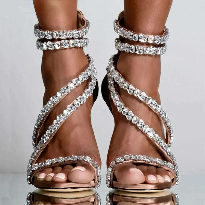 Crystal Chain Oblique Strap High Heel Sandals Beaded Party Wedding Large Rhinestone Spliced Thin High Heel Shoes Big Size 35-43 - KIMLUD
