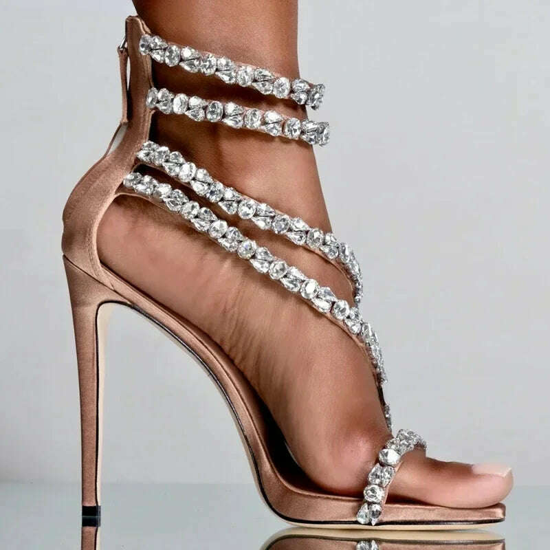 Crystal Chain Oblique Strap High Heel Sandals Beaded Party Wedding Large Rhinestone Spliced Thin High Heel Shoes Big Size 35-43 - KIMLUD