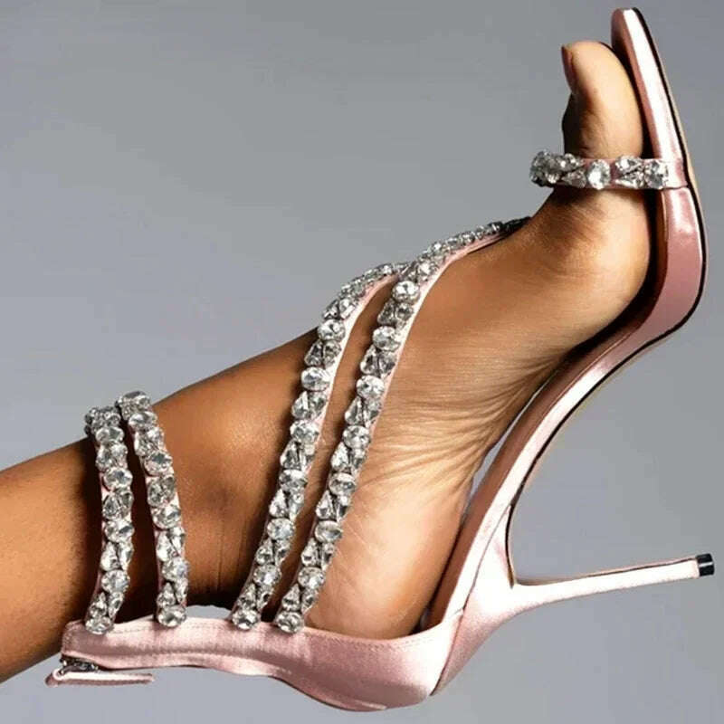Crystal Chain Oblique Strap High Heel Sandals Beaded Party Wedding Large Rhinestone Spliced Thin High Heel Shoes Big Size 35-43 - KIMLUD