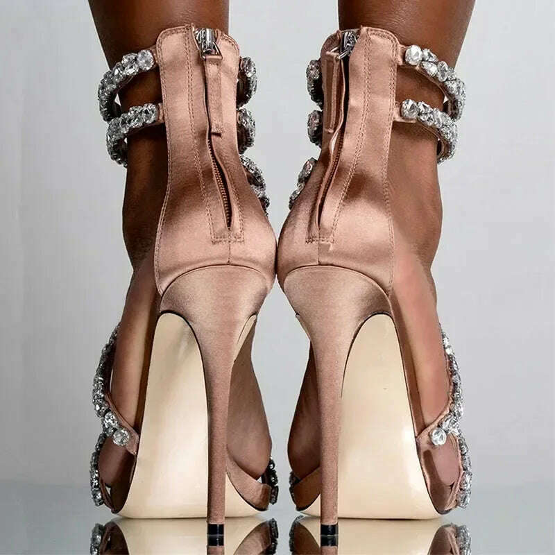 Crystal Chain Oblique Strap High Heel Sandals Beaded Party Wedding Large Rhinestone Spliced Thin High Heel Shoes Big Size 35-43 - KIMLUD