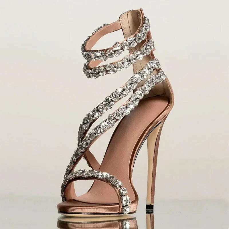 Crystal Chain Oblique Strap High Heel Sandals Beaded Party Wedding Large Rhinestone Spliced Thin High Heel Shoes Big Size 35-43 - KIMLUD