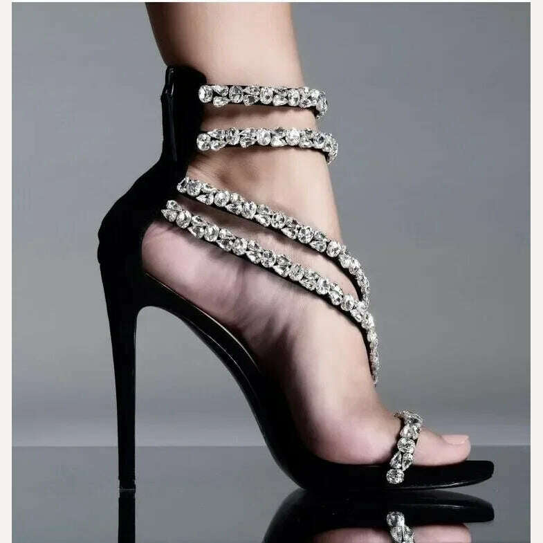 Crystal Chain Oblique Strap High Heel Sandals Beaded Party Wedding Large Rhinestone Spliced Thin High Heel Shoes Big Size 35-43 - KIMLUD