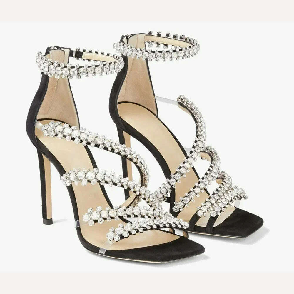 Crystal Chain Oblique Strap High Heel Sandals Beaded Party Wedding Large Rhinestone Spliced Thin High Heel Shoes Big Size 35-43 - KIMLUD