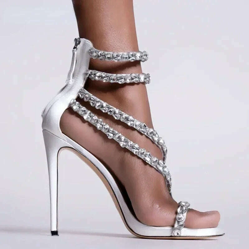 Crystal Chain Oblique Strap High Heel Sandals Beaded Party Wedding Large Rhinestone Spliced Thin High Heel Shoes Big Size 35-43 - KIMLUD