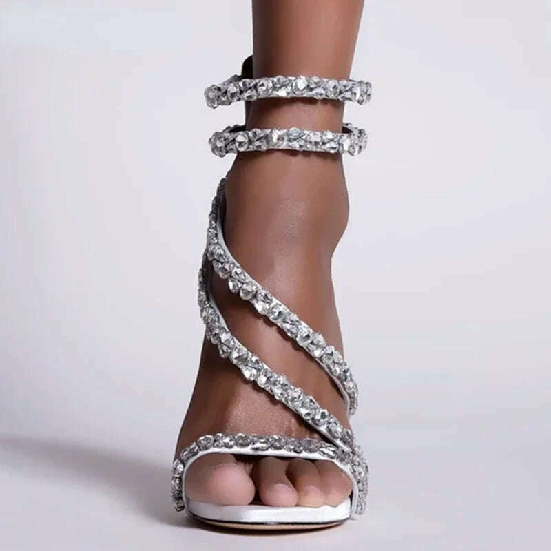 KIMLUD, Crystal Chain Oblique Strap High Heel Sandals Beaded Party Wedding Large Rhinestone Spliced Thin High Heel Shoes Big Size 35-43, KIMLUD Womens Clothes