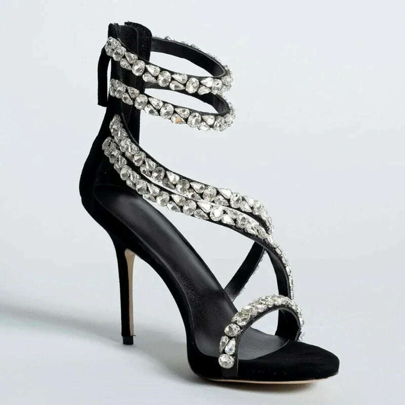 Crystal Chain Oblique Strap High Heel Sandals Beaded Party Wedding Large Rhinestone Spliced Thin High Heel Shoes Big Size 35-43 - KIMLUD