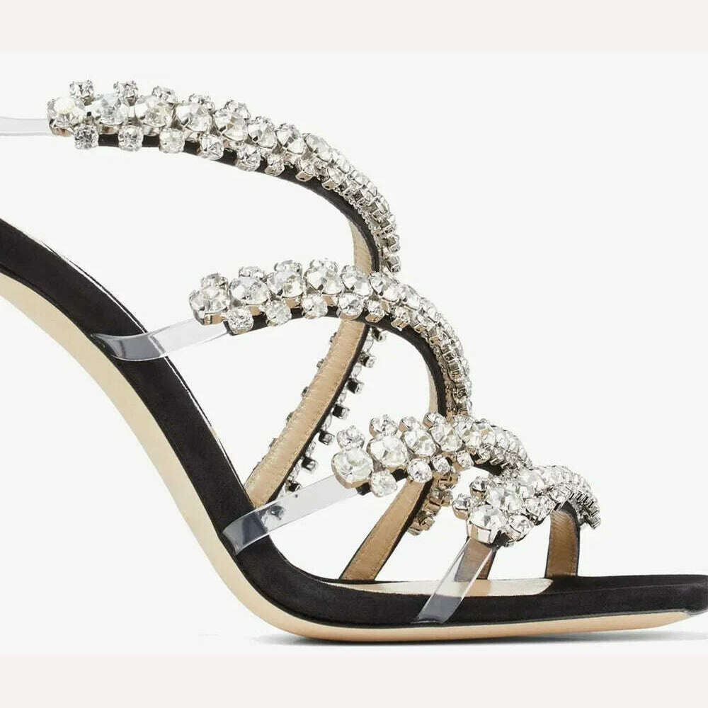 Crystal Chain Oblique Strap High Heel Sandals Beaded Party Wedding Large Rhinestone Spliced Thin High Heel Shoes Big Size 35-43 - KIMLUD