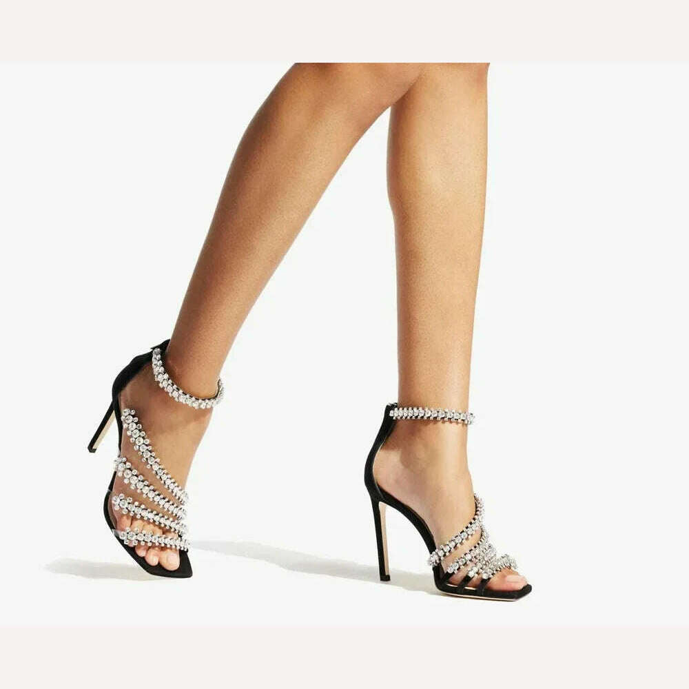 Crystal Chain Oblique Strap High Heel Sandals Beaded Party Wedding Large Rhinestone Spliced Thin High Heel Shoes Big Size 35-43 - KIMLUD