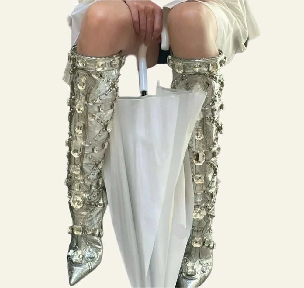 Crystal Gem Sliver Metallic Leather Knee High Boots Luxury Glitter Diamond Pointed Toe High Heels Boot Designer Shoes for Women - KIMLUD