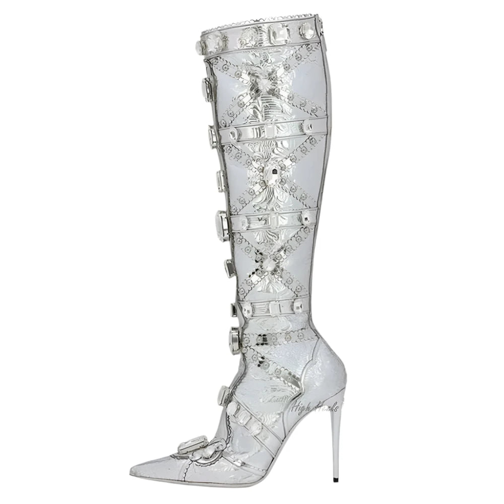 Crystal Gem Sliver Metallic Leather Knee High Boots Luxury Glitter Diamond Pointed Toe High Heels Boot Designer Shoes for Women - KIMLUD